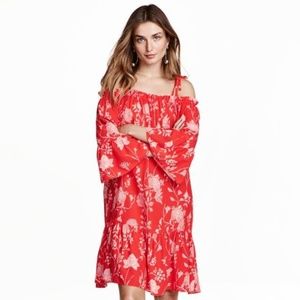 Off the shoulder red/white print sun dress